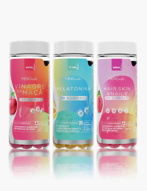 Gummy Hair, Skin & Nails + Gummy Vinagre de Maça + Gummy Melatonina - Tratamento 30 dias