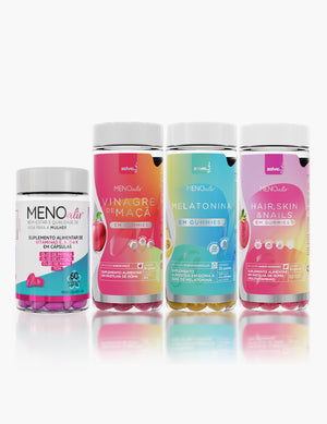 Meno Aliv + Gummy Hair, Skin & Nails + Gummy Vinagre de Maçã + Gummy Melatonina