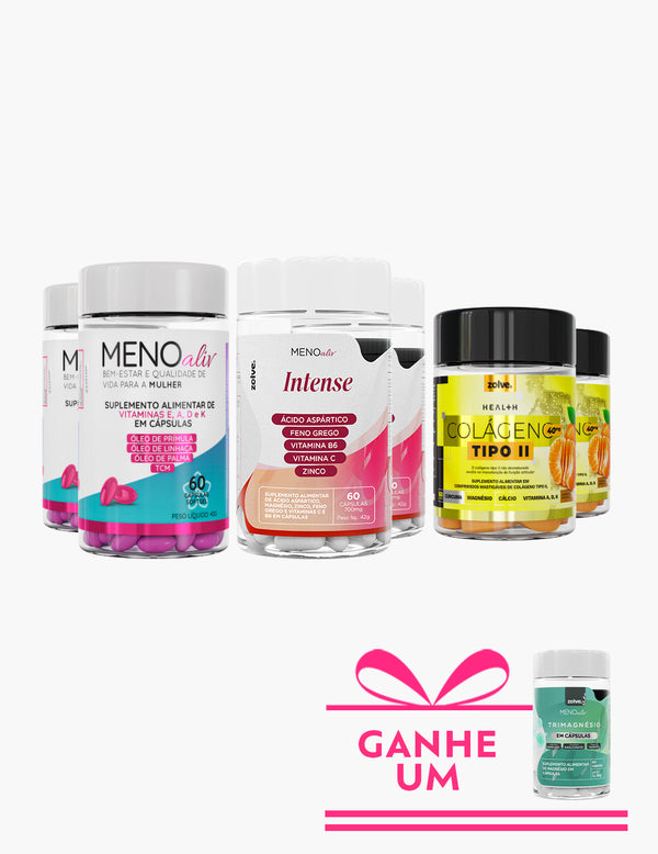 Kit Completa - 2 Meno Aliv + 2 Intense + 2 Colágeno Tipo 2 + Ganhe 1 Trimagnésio