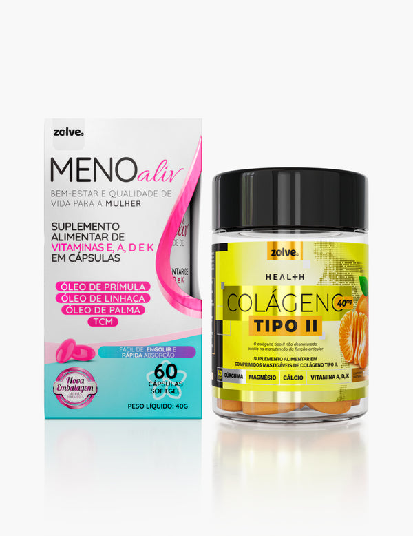 Combo Alívio da TPM, Menopausa e Articulações: Meno Aliv + Colágeno Tipo 2