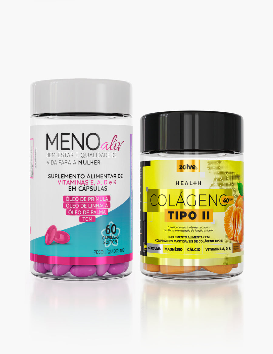 Combo Alívio da TPM, Menopausa e Articulações: Meno Aliv + Colágeno Tipo 2