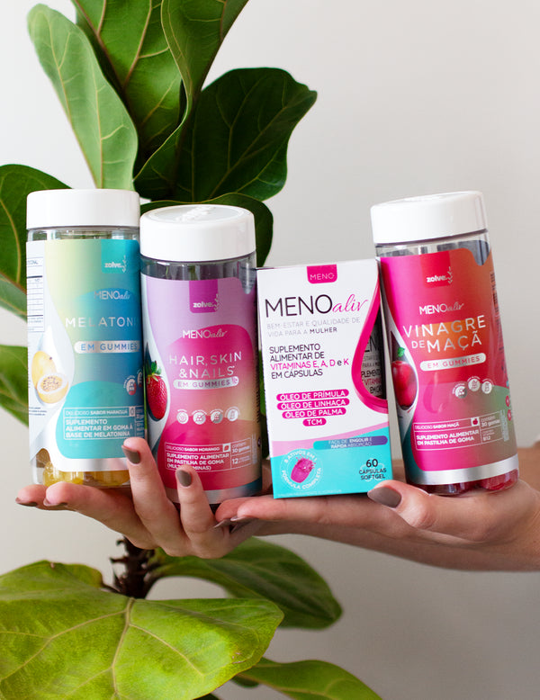 Meno Aliv + Gummy Hair, Skin & Nails + Gummy Vinagre de Maçã + Gummy Melatonina
